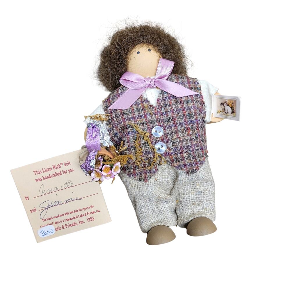 1993 Lizzie High The Little Ones Easter Wooden Folk Doll Bunny Card Signed